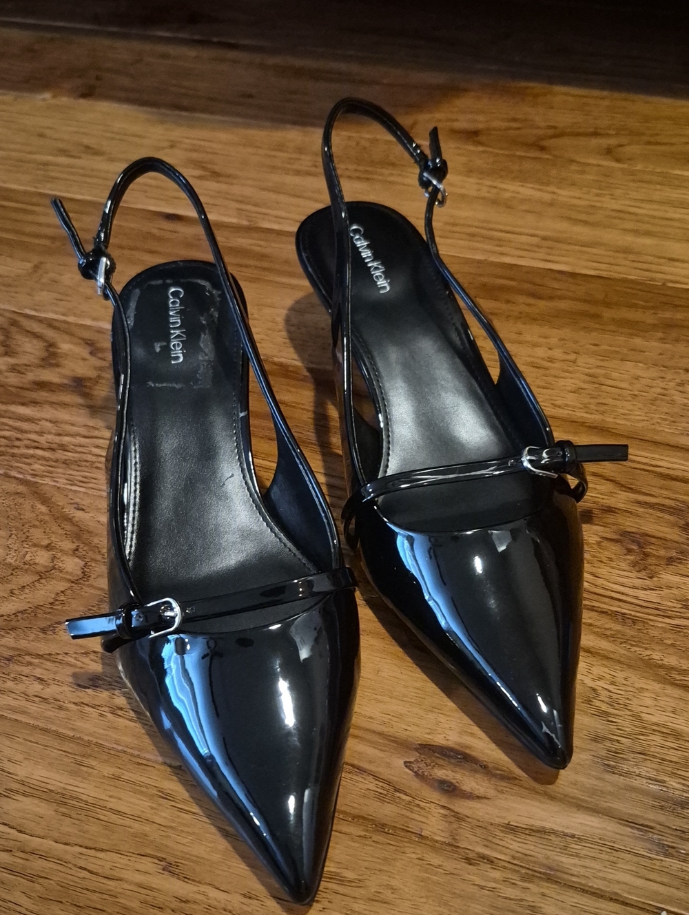 Calvin Klein Black Patent Pointed-Toe Slingback Flats